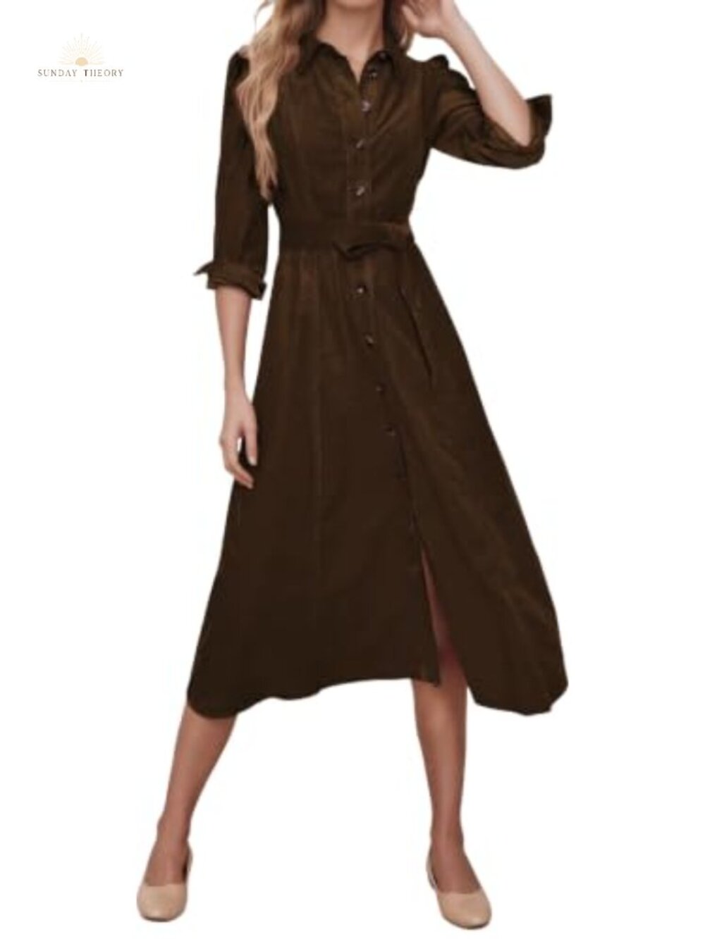 Corduroy Maxi Shirt Dress Long Sleeve Button Down with Belt Pockets